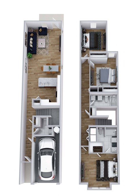 a floor plan of a house with a white car in the garage